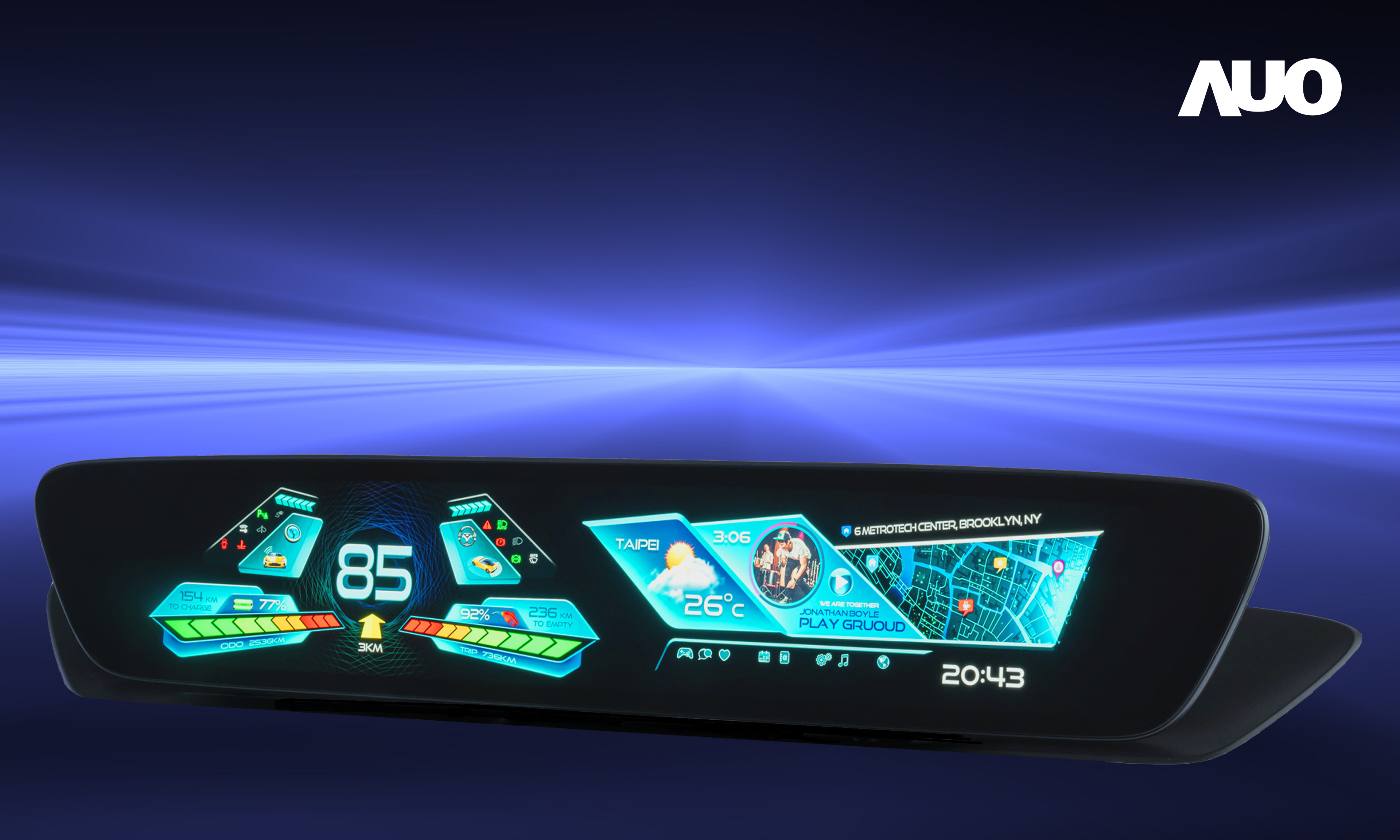 友達30.4吋異形曲面AmLED車載顯示系統，為一兼具儀表板及中控台人機介面的創新車載顯示系統，結合美學設計，提升車內科技沉浸感及使用體驗，讓車載顯示的未來應用更加多元化