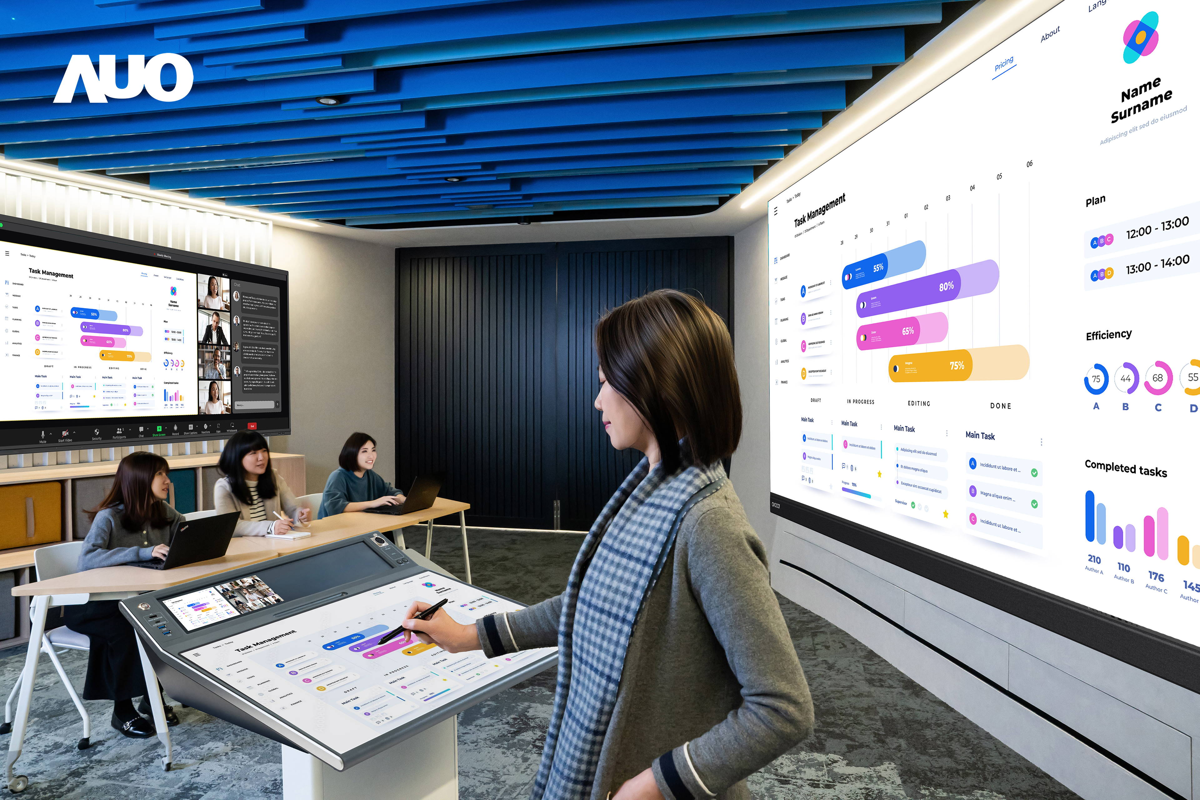 达擎携手Avocor与Rise Vision展示全方位商务领域应用，包含采用模块化设计的138吋一体式All-in-One LED显示器及具21:9超宽比例的92吋交互式电子白板（IFPD），讲者可轻松分享内容，有效提升会议协作效率。